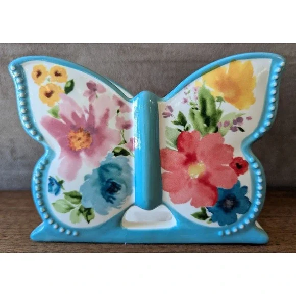Pioneer Woman Breezy Blossom Butterfly Ceramic Napkin Holder, Teal / Floral - Picture 2 of 9